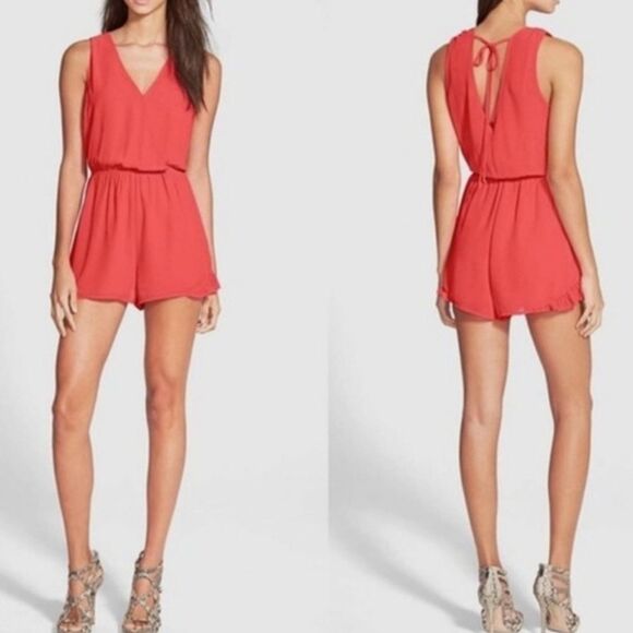 Astr Vibrant Coral Romper size small ruffle shorts button v neck wrap front - Picture 1 of 4